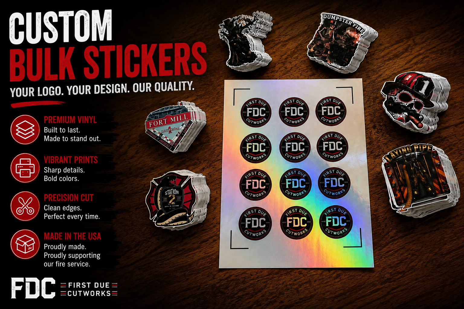 Custom bulk stickers made by First Due Cutworks