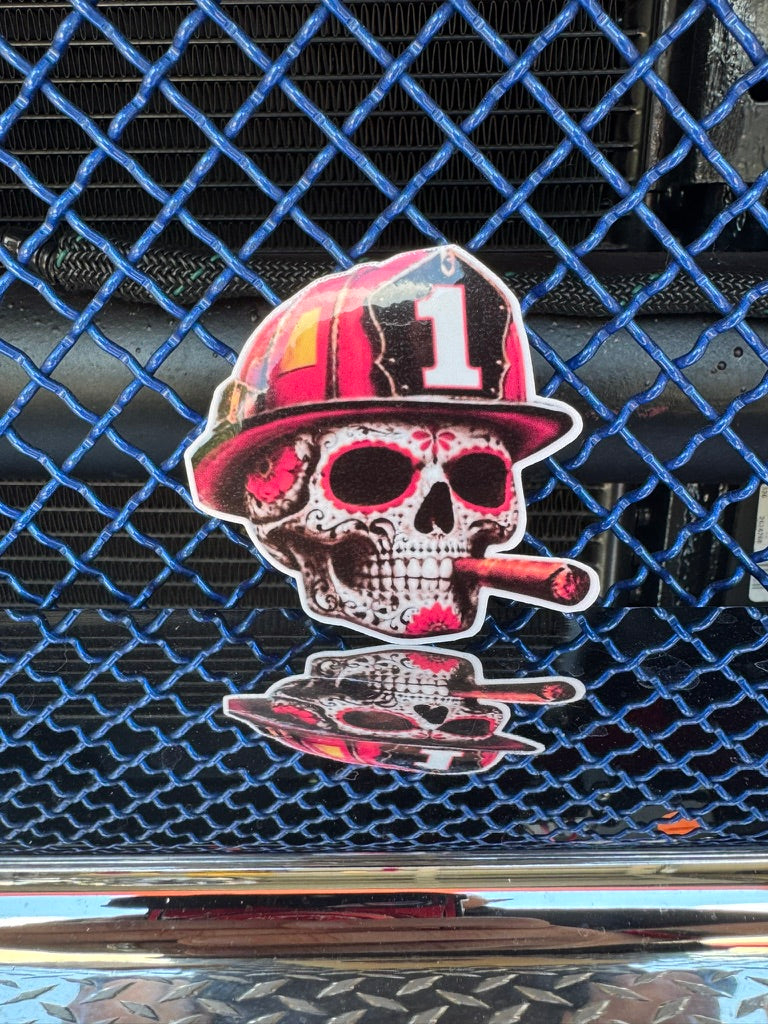 Finished skull sticker on blue and chrome background