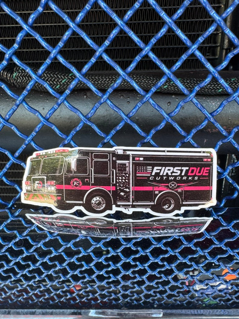 Finished First Due Cutworks engine sticker on chrome background